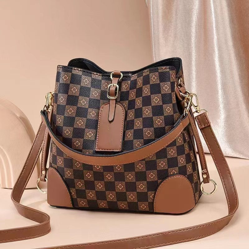 1068-Exquisite women's bag, bagpu plaid bucket bag, large capacity shoulder bag, crossbody bag